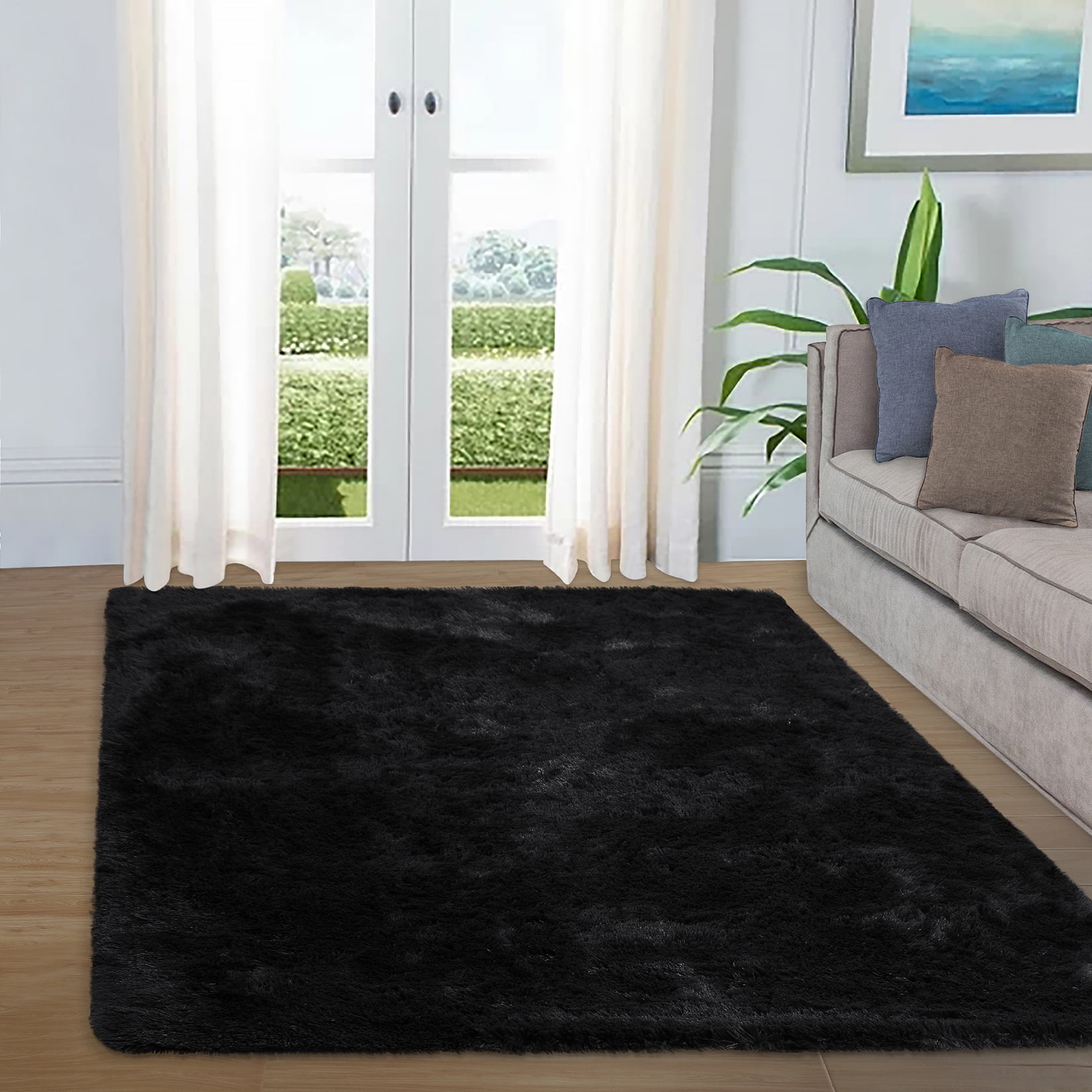 WPOND 8' x 10' Shag Area Fluffy Rug, Thick and Ultra Soft Furry Rug with Non-Slip Backing, Faux Fur Rug for Living Room,Bedroom,Dining Room,Black